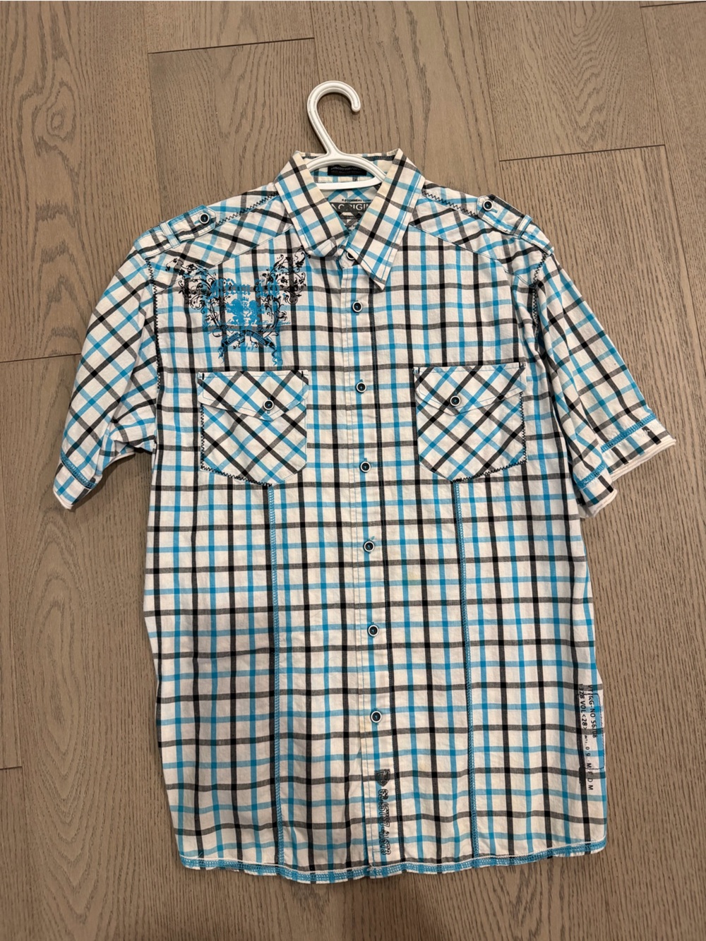 Men's Blue and White Plaid Button-Up Shirt